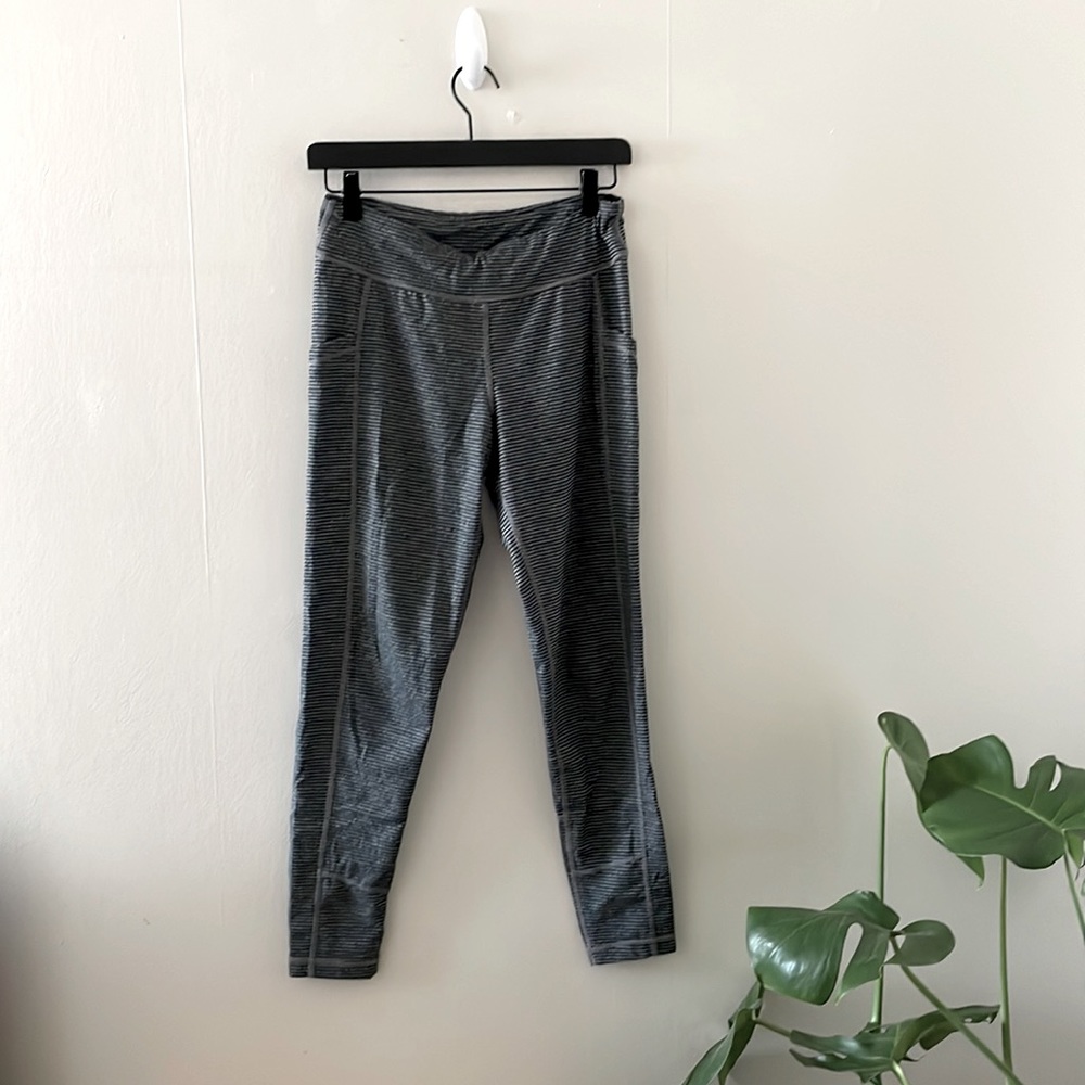 Aventura athletic lounge pants. Black and grey horizontal stripes. Soft.